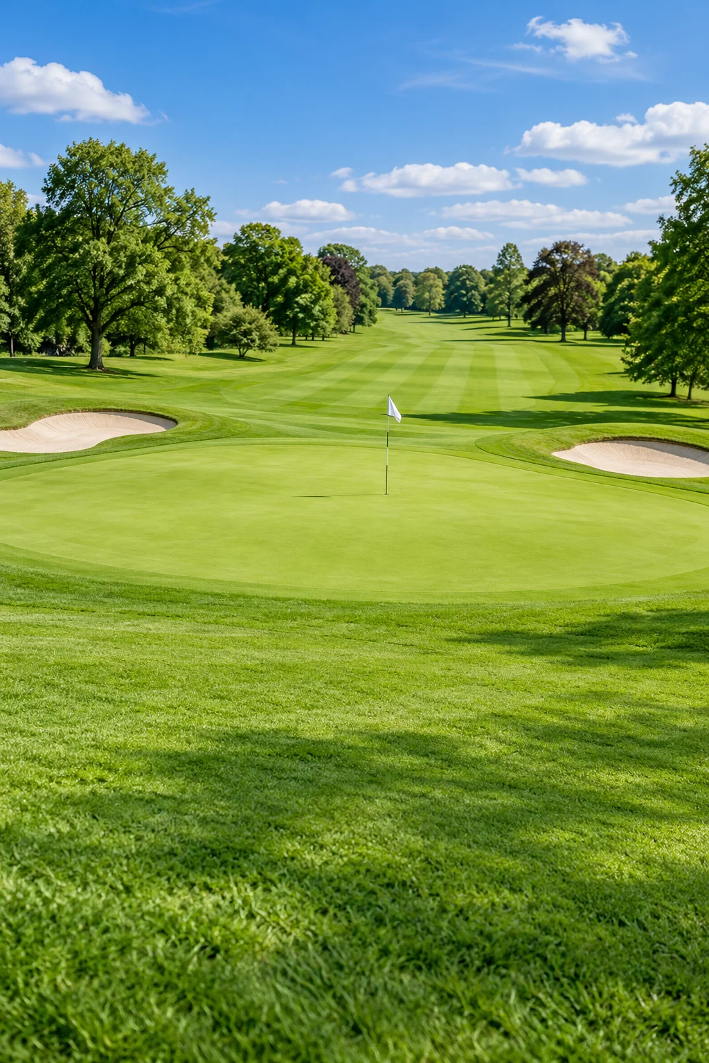 A golf course fairway and putting green.
